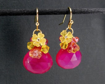 Pink Chalcedony Dangle Earrings, Colorful Spring Earrings, Vibrant Summer Earrings, Hot Pink and Lemon Yellow Drops