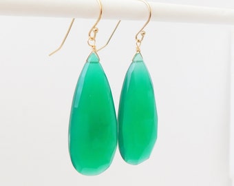 Emerald Green Statement Earrings, Long Faceted Green Onyx Teardrop Earrings, Xmas Gift for Her