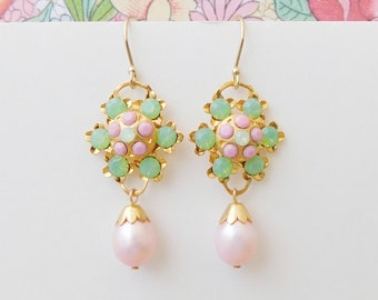 Green Opal and Pink Freshwater Pearl Earrings, Pale Green Floral Shaped Rhinestone Earrings, Pink and Pearl Gold Earrings