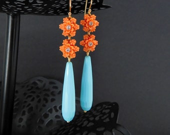 Vintage Coral and Turquoise Earrings, Vintage Japanese Flower Drop Earrings, Victorian Style Drop Earrings