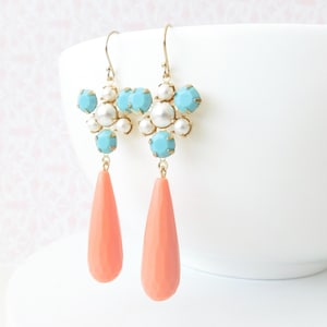 Coral Earrings,  Long Statement Pearl and Turquoise Earrings, Summer Jewelry, Bohemian Wedding Earrings
