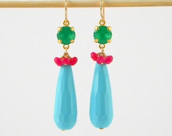 Turquoise and Ruby Earrings, Vibrant Statement Earrings, Spring Jewellery