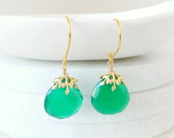 Green Onyx Earrings, Emerald Green Earrings, Gemstone Earrings, Dangle Earrings, Green Drop, Green with Gold, Gold Leaf, Gift for Her