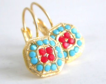 Turquoise and Red Coral Earrings in Gold, Victorian Style Rhinestone Leverback Earrings