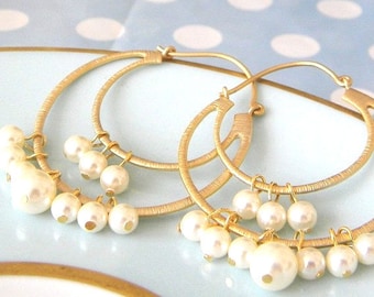 Pearl Hoop Earrings, Gold Hoops,  Pearl Earrings, Bridal Earrings, Beach Wedding, Bohemian Bride,  White Swarovski Pearls, June Birthstone