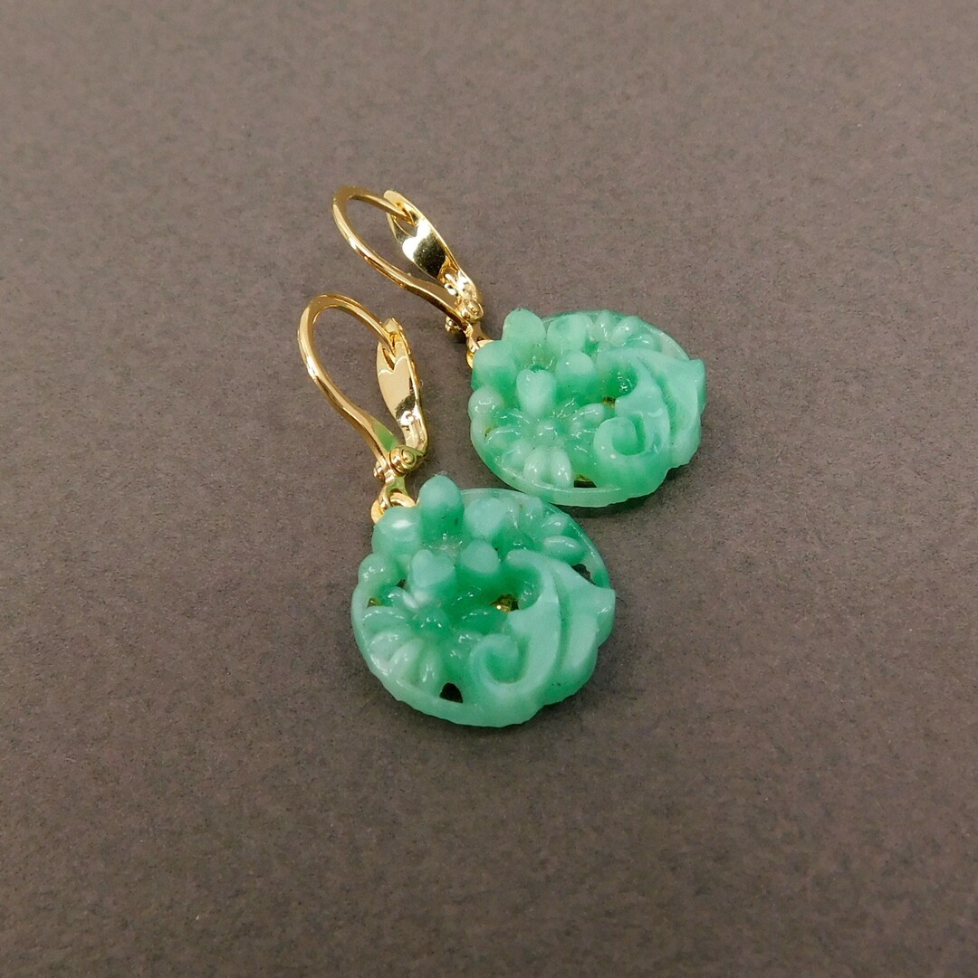 Jade Green Glass Japanese Drop Earrings Vintage Pressed Glass Etsy