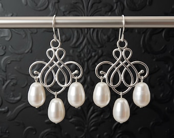 Silver and Pearl Chandelier Earrings, Bridal Jewelry