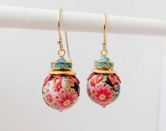 Black and Coral Cherry Blossom, Japanese Tensha Beaded Earrings, Xmas Gift for Her