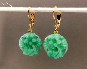 Jade Green Glass Japanese Drop Earrings, Vintage Pressed Glass Earrings in Jade Green