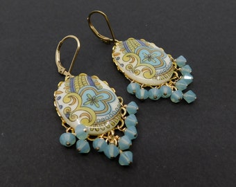 Vintage German Morrocan Green Opal Dangle Earrings, Pacific Blue Opal Paisley Bohemian Earrings