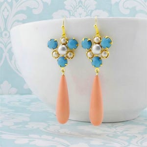 Coral and Turquoise Teardrop Earrings, Statement Summer Jewelry