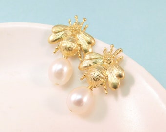 Gold bee earrings , Bee and Pearl Drop Earrings