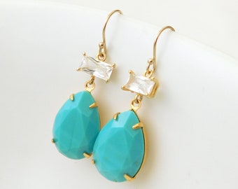 Turquoise Teardrop Earrings, Turquoise Teardrop and Crystal Drop Earrings.