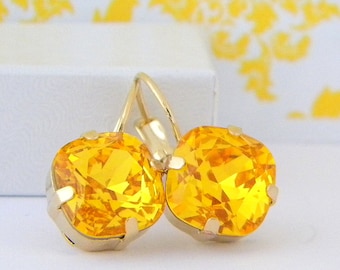 Swarovski Sunflower Yellow Cushion Cut Gold Prong Leverback Earrings