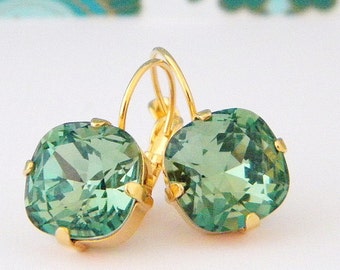 Erinite Green Crystal Earrings,  Gold or Silver Leverbacks, Moss Green Earrings