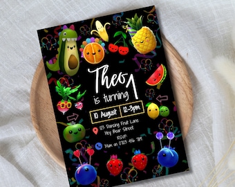 Hey Bear Sensory Invitation, Dancing Fruit Birthday Invite, Childrens Party Printable, Editable Instant Digital Download, Canva Template