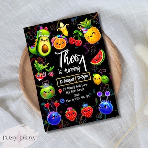May include: Black invitation card with colorful cartoon fruit illustrations, including an avocado, pineapple, and strawberries. The text "Theo is turning 1" is displayed, along with event details.
