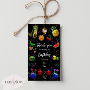 Sensorisch cadeaulabel Hey Bear, verjaardagsfeestje dansend fruit, verjaardag Hey Bear, bewerkbare canvassjabloon