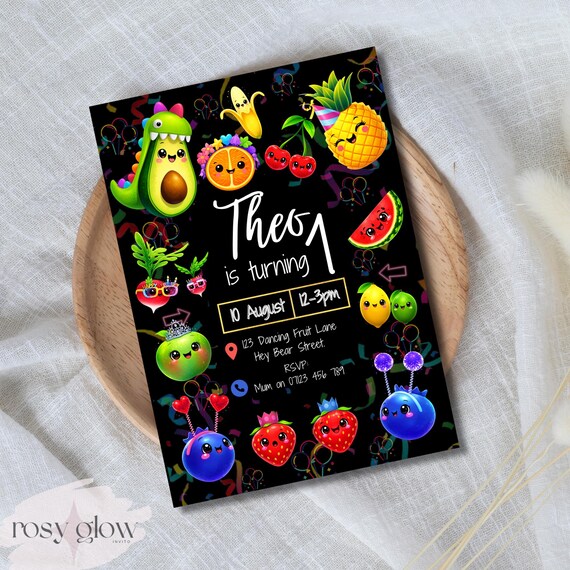 Hey Bear Invitation, Hey Bear Invite, Hey Bear Sensory, Dancing Fruit Birthday Invitation, Hey Bear Birthday, Editable Canva Template