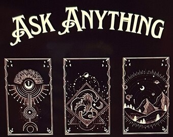 May include: Black and white illustration of three tarot cards with the text "ASK ANYTHING" above and "VIRTUAL TAROT READING" below. The cards feature a stylized eye, a wave, and a mountain.