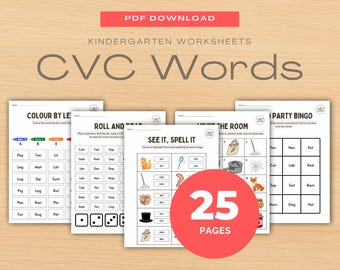 May include: A collection of kindergarten worksheets with the title "CVC Words". The worksheets include activities like "Colour by Letter", "Roll and Read", and "See it, Spell it". A red circle indicates "25 Pages".