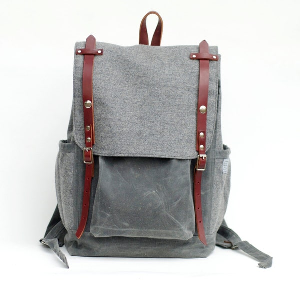 The Rucksack in Gray Wool and Waxed Canvas