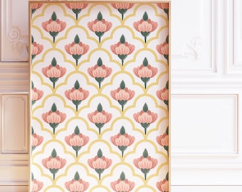 Geometric Lotus Flower Wall Art, Indian Boho Floral Print, South Asian Watercolor Decor, Pink Yellow Green Traditional Art Print