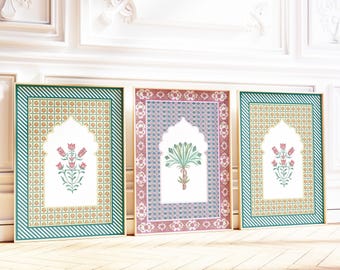 Set of 3 Colourful Indian Floral Wall Art Prints – Mughal Watercolour Boho Decor, Printable Living Room Gallery Wall Art Prints