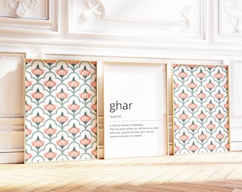Ghar Home Definition Print, Punjabi, Hindi, Urdu Set of 3Colourful Indian Floral Prints,   Desi Wall Art Print, Housewarming Gift