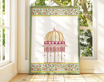 Mughal Temple Wall Art Print, Indian Watercolour Palace Decor, Traditional South Asian Painting, Vibrant Ethnic Art for Gallery Walls