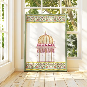 Mughal Temple Wall Art Print, Indian Watercolour Palace Decor, Traditional South Asian Painting, Vibrant Ethnic Art for Gallery Walls