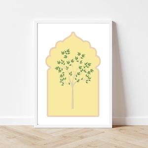 Puede incluir: Una impresi&oacute;n enmarcada de un &aacute;rbol verde estilizado sobre un fondo amarillo. El &aacute;rbol est&aacute; dentro de un arco de color melocot&oacute;n.