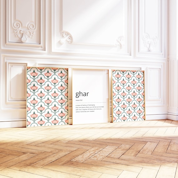 Ghar Home Definition Print, Punjabi, Hindi, Urdu Set of 3Colourful Indian Floral Prints,   Desi Wall Art Print, Housewarming Gift