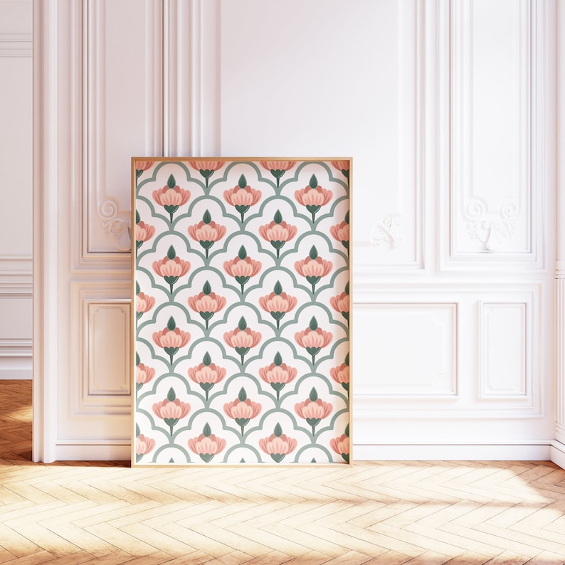 May include: A framed print featuring a repeating pattern of pink flowers and green leaves on a white background.