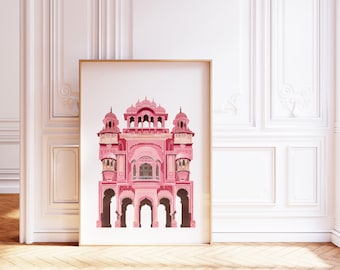 Impresión de arte de Patrika Gate, cartel de viaje de Patrika Gate, Jaipur, arte de Jaipur India, arte de pared de decoración de habitación india, ilustración de puerta rosa india