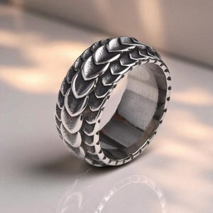 Viking Dragon Ring, Rock Style Band, Carved Scales Jewelry, Punk Stainless Steel, Vintage Mens Finger Ring, Silver Dragon Accessory