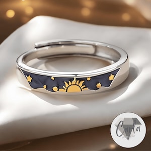 Anelli di coppia Sole e Luna, regalo di San Valentino, anelli aperti regolabili in acciaio inossidabile, regalo per lei e per lui, regalo di coppia con anello di promessa