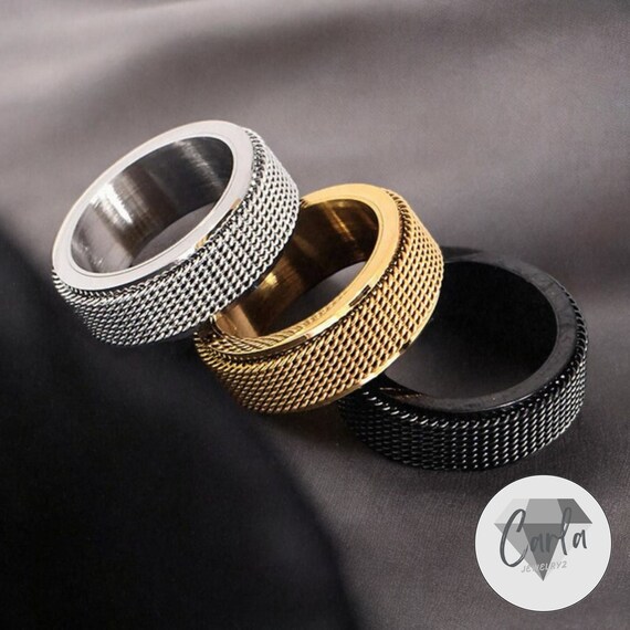 Anillos Giratorios Para Ansiedad Hombre - Acero Inoxidable Negro Y Dorado, Múltiples Tamaños