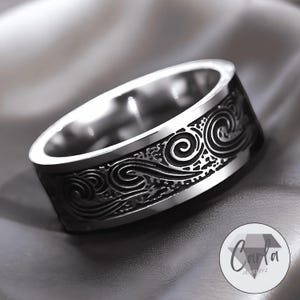 Silver Men's Band Wave Pattern Titanium Steel Ring, Geometric Style Men's Band Ring, Tidal Grace Men's Wave Ring for Father's Gift for Him