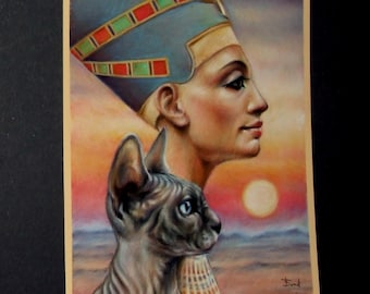 NEFERTITI - sphynx cat spirit animal original art by Tanya Bond - fantasy illustration pastels girl pop surrealism totem ancient Egypt