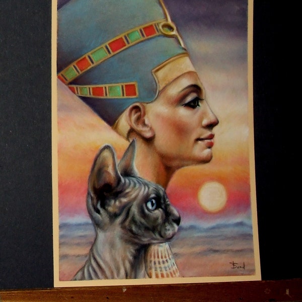 Néfertiti - art original animal sphynx esprit animal par Tanya Bond - illustration fantastique pastels fille pop surréalisme totem Egypte ancienne