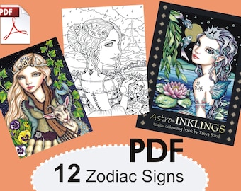 PDF Astro-INKLINGS colouring book for adults instant DOWNLOAD printable file fantasy illustration zodiac astrology signs