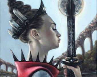 Queen of Swords - original art by Tanya Bond - fantasy illustration oil painting regal costume sword crystal crown pop surrealism