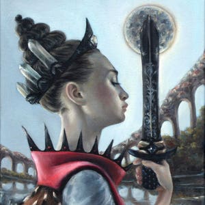 Koningin van zwaarden-originele kunst door Tanya Bond-Fantasy illustratie olieverfschilderij Regal kostuum zwaard Crystal Crown pop surrealisme