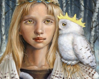 SNOWY OWL - ORIGINAL oil painting on wood - pop surrealism fantasy art portrait - totem - spirit animal