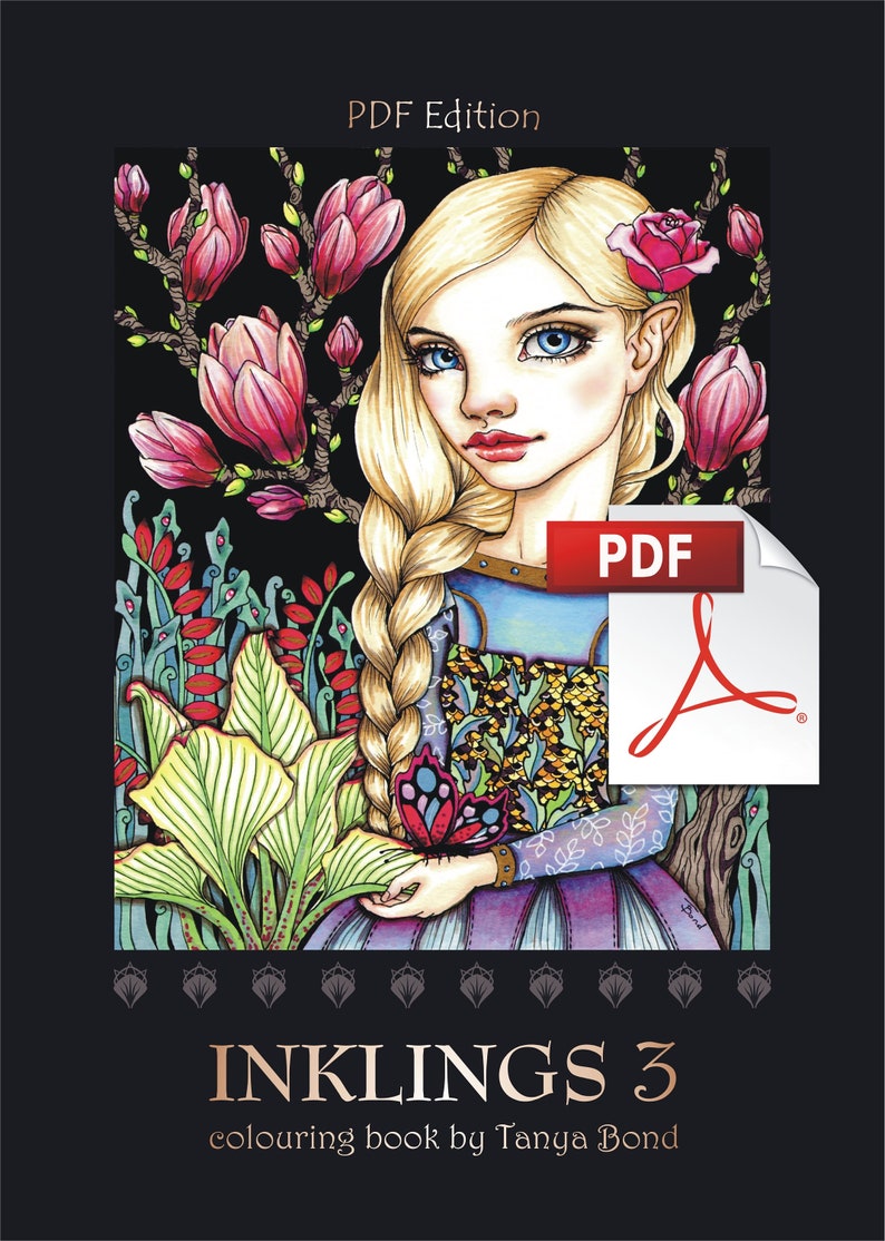 PDF INKLINGS 3 colouring for adults instant DOWNLOAD printable file fairy tale fantasy fashion princess girl animals birds dragon design image 2