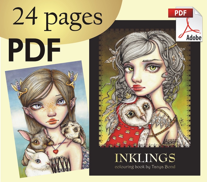 PDF INKLINGS colouring for adults instant DOWNLOAD printable file fairy tale fantasy fashion princess girl animals birds dragon owl design image 1