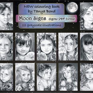 PDF Moon Signs grayscale collection colouring book for adults instant DOWNLOAD printable file astrology illustration by Tanya Bond coloring image 2