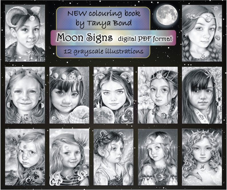 PDF Moon Signs grayscale collection colouring book for adults instant DOWNLOAD printable file astrology illustration by Tanya Bond coloring image 2