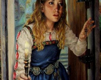 Bluebeard's Forbidden Chamber - original oil painting Tanya Bond portrait traditional art realism figurative modern classic fairytale